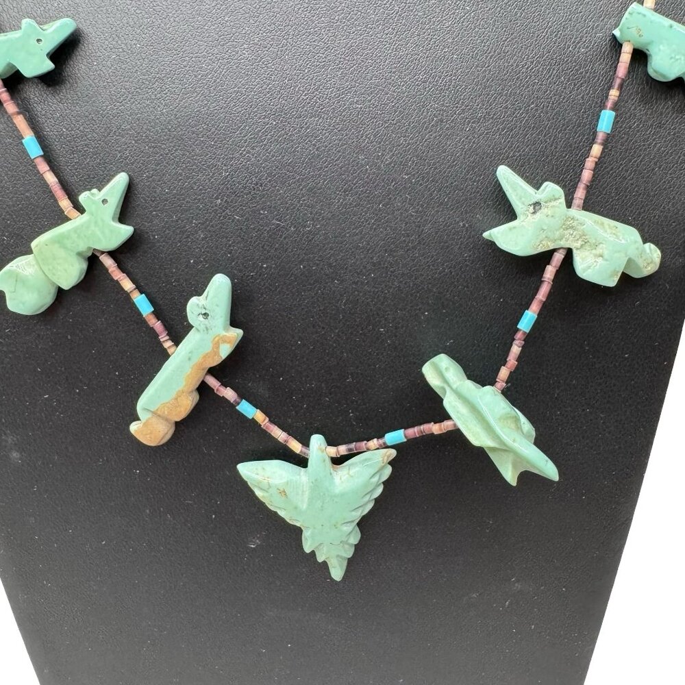 Vintage Zuni Carved Turquoise Thunderbird Fetish Heishi Beaded Necklace 32" READ